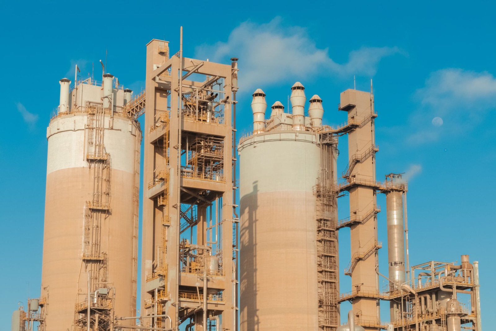 Industrial urea production towers against a clear sky in Libya